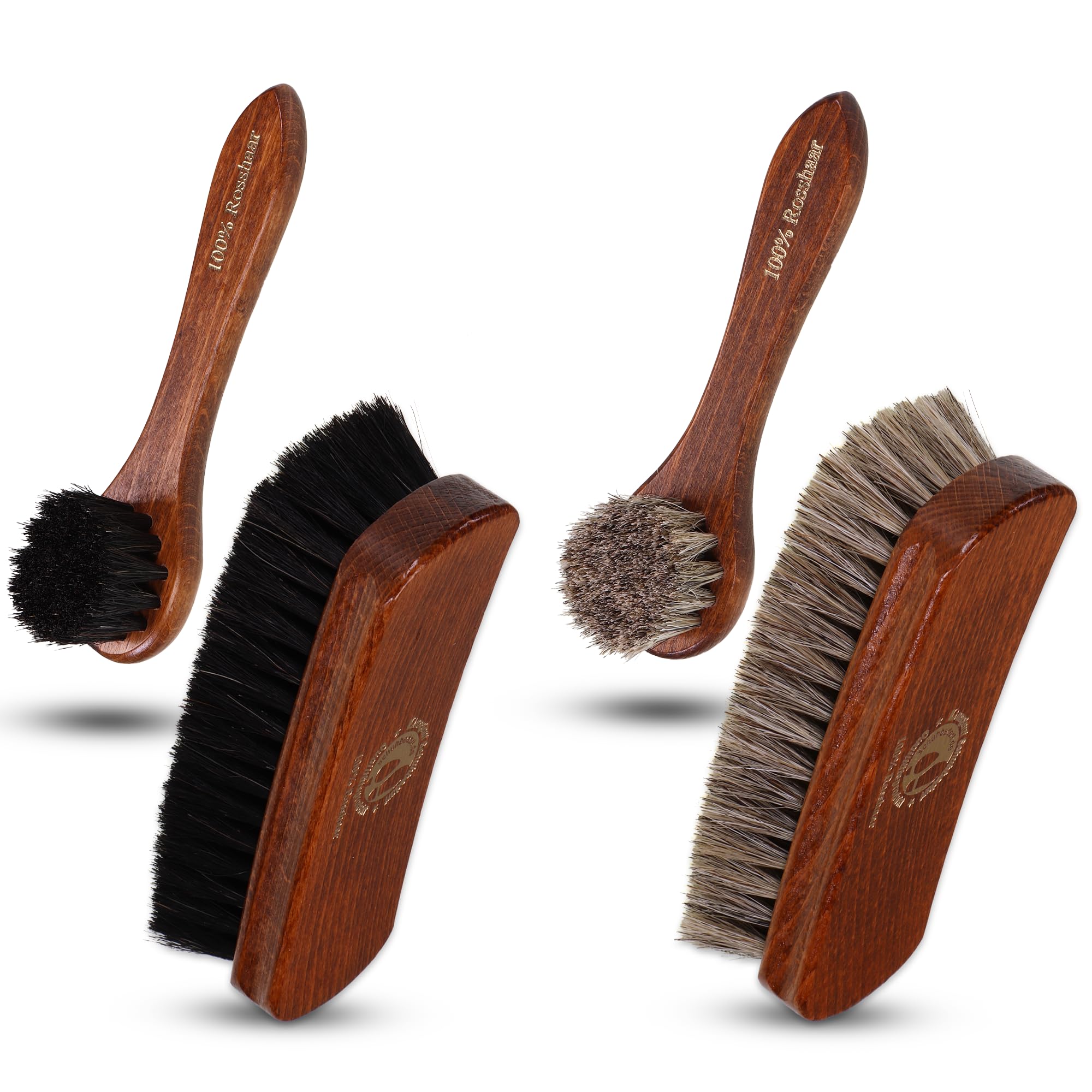 Langlauf Schuhbedarf - Brosse à chaussures en crin de cheval - Kit de 4 brosses - Bois de hêtre laqué - Marron - Pour chaussures, meubles en cuir, sacs et vêtements - Fabriqué en Allemagne