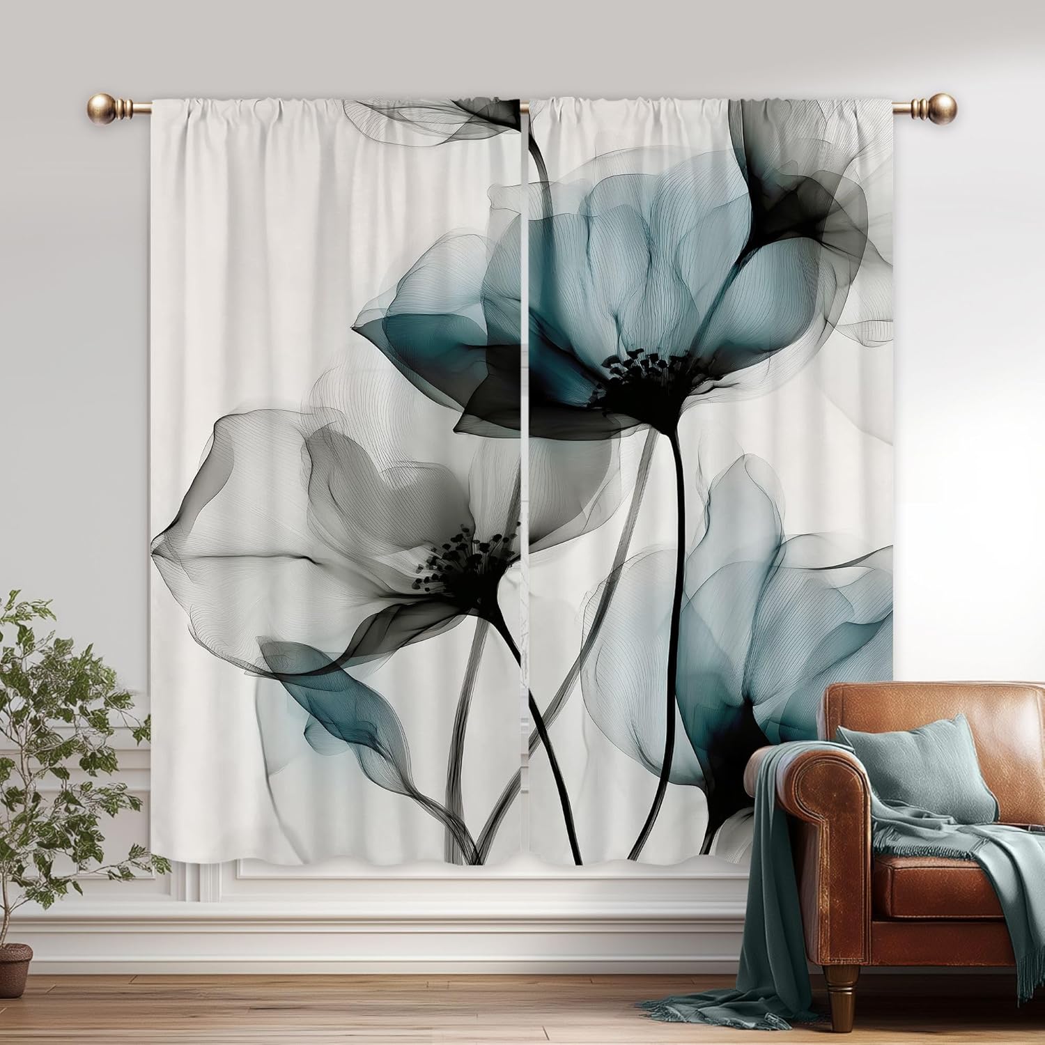 Blue and Gray Floral Curtains for Bedroom 42Wx63H Inch Rod Pocket Spring Watercolor Ink Flower Minimalism Simple Contemporory Rustic Aesthetic 2 Panel Window Treatment Set for Living Room Decor