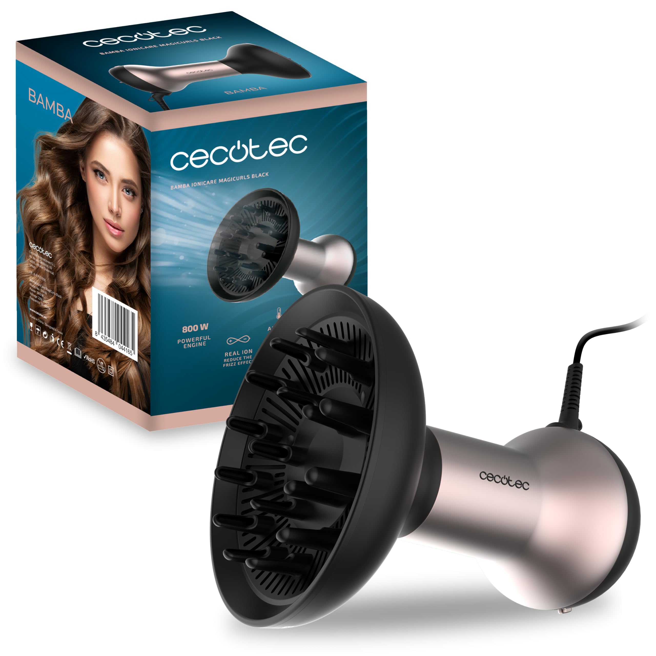 Cecotec Secador Difusor de Pelo Bamba IoniCare MagiCurls Black. 800W, 3 Modos, Tecnología de Iones para Eliminar el Frizz, Difusor de 17 Púas, Cable giratorio 360º de 1,6m