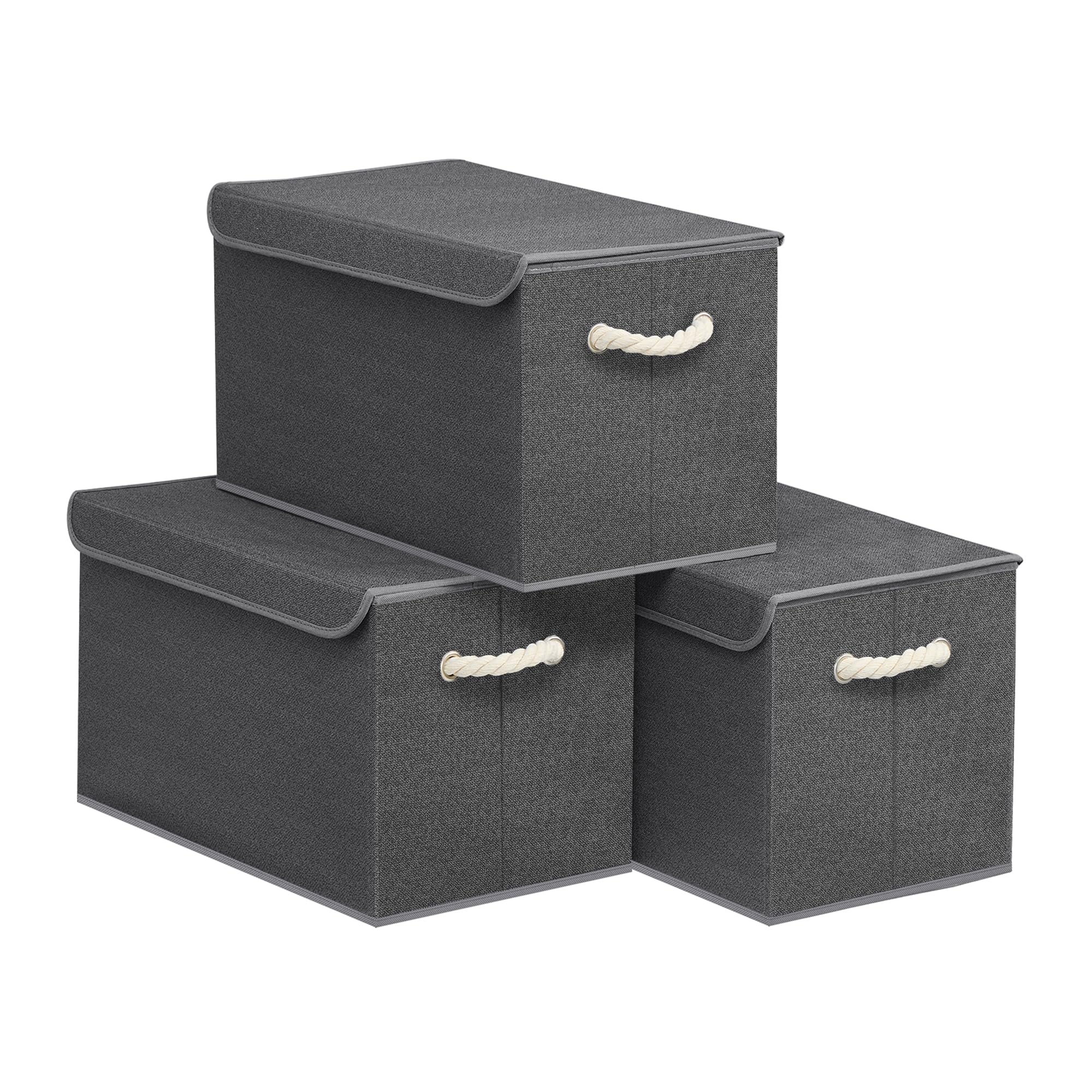 SONGMICS Aufbewahrungsbox mit Deckel, 3er Set, klappbar, Stoffboxen, Aufbewahrung, Organizer, für Kleiderschrank, Griffe, für Schlafzimmer, Wohnzimmer, 50 x 30 x 30 cm, schiefergrau RFB050GZ01