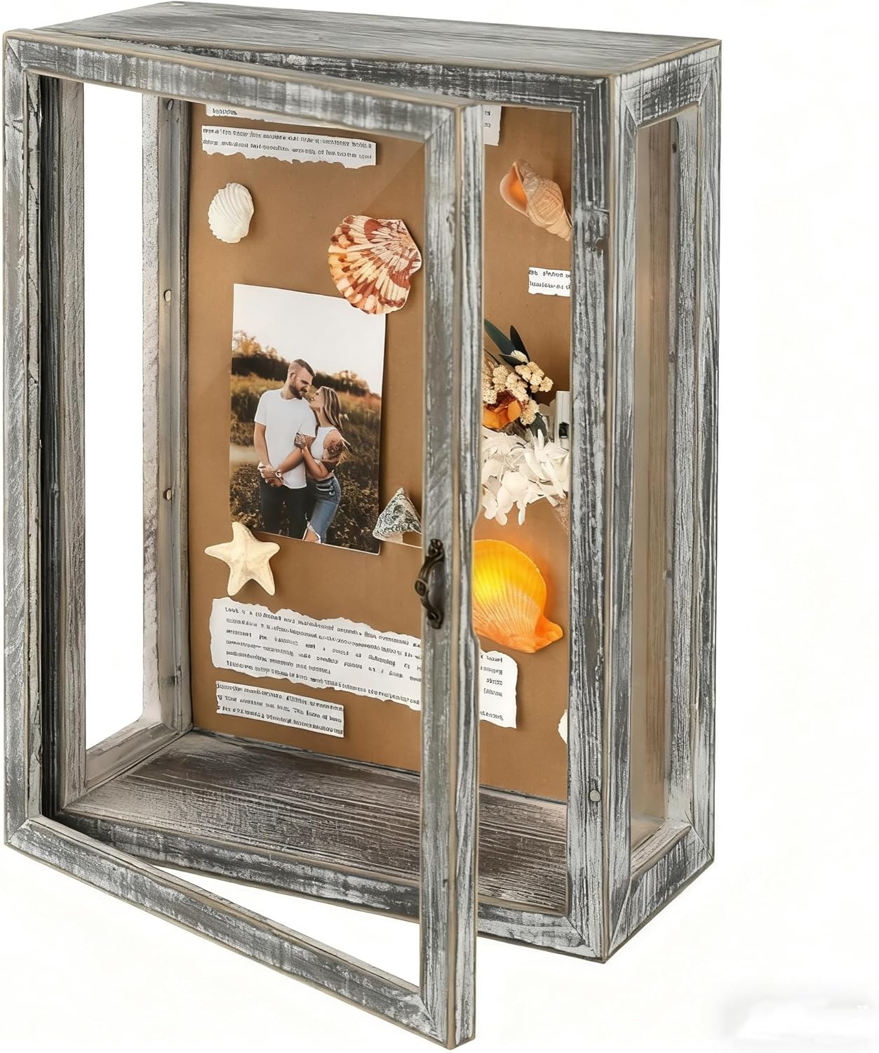 11x15 Shadow Box Frame, Solid Wood Memory Box Display Case with Magnetic Closure Door & Acrylic Glass for Keepsakes,Medals, Photos,Vintage Grey-White