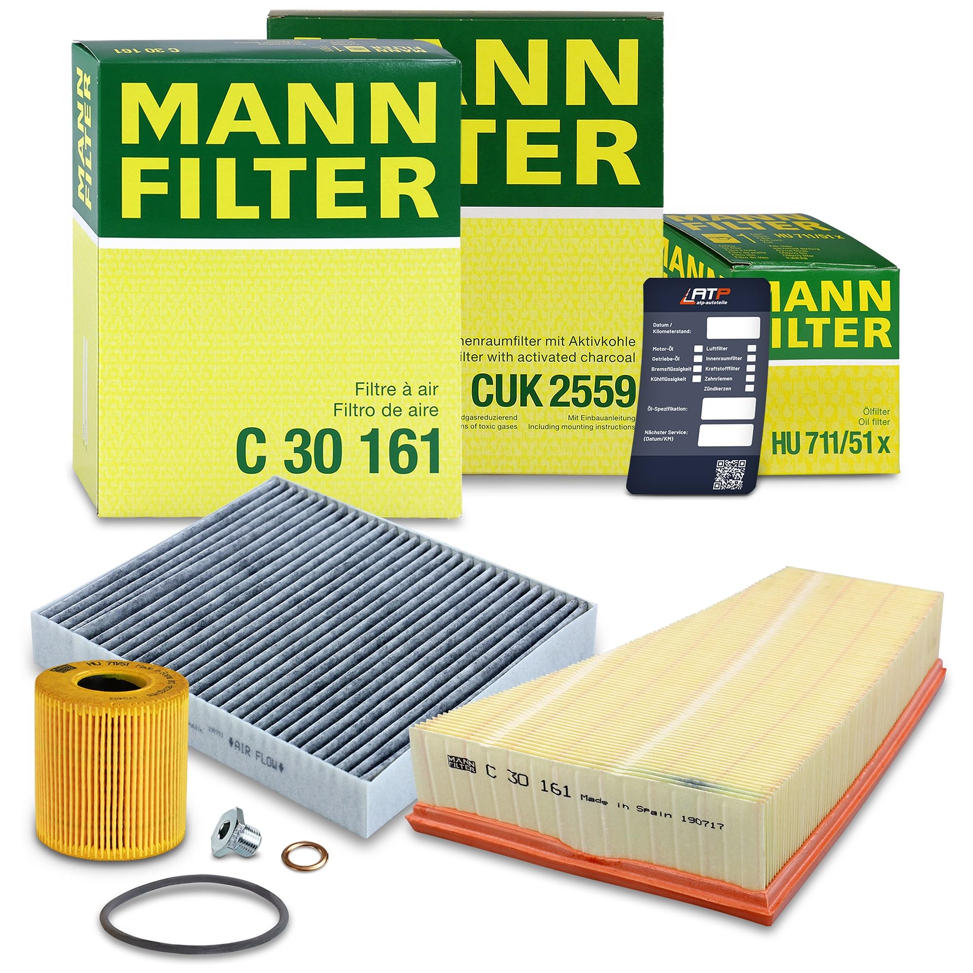 MANN-FILTER Inspektionspaket Filterset 1x Ölfilter, 1x Luftfilter, 1x Innenraumfilter (Aktivkohlefilter), 1x Ölablassschraube Kompatibel mit FORD GALAXY Mk2 (WA6), MONDEO Mk4 (BA7), S-MAX (WA6)