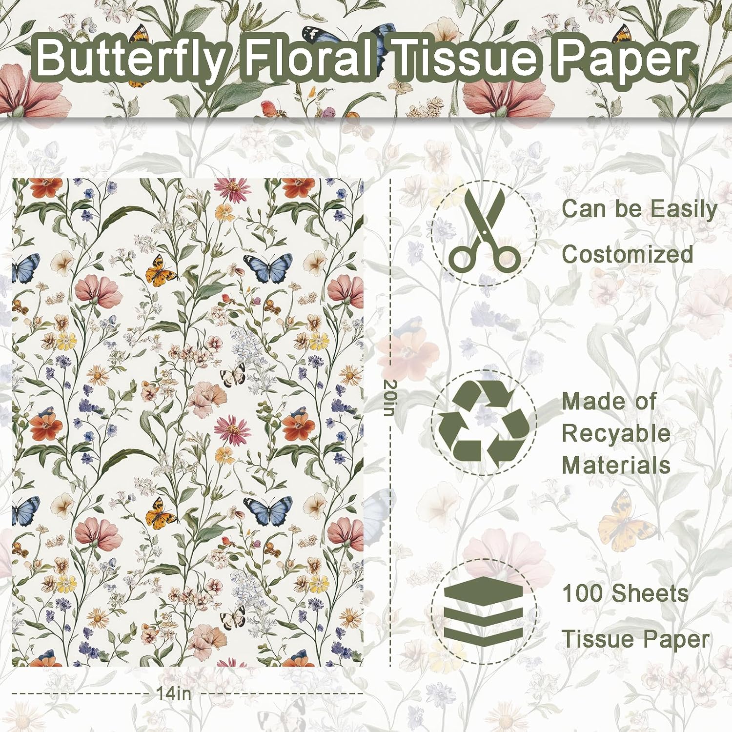 100 Sheets Wildflower Butterfly Tissue Paper, Vintage Wildflower Seamless Spring Wildflowers Pattern Gift Wrapping Paper for Birthday Wedding Baby Shower Supplies, 13.8 x 19.7 Inch