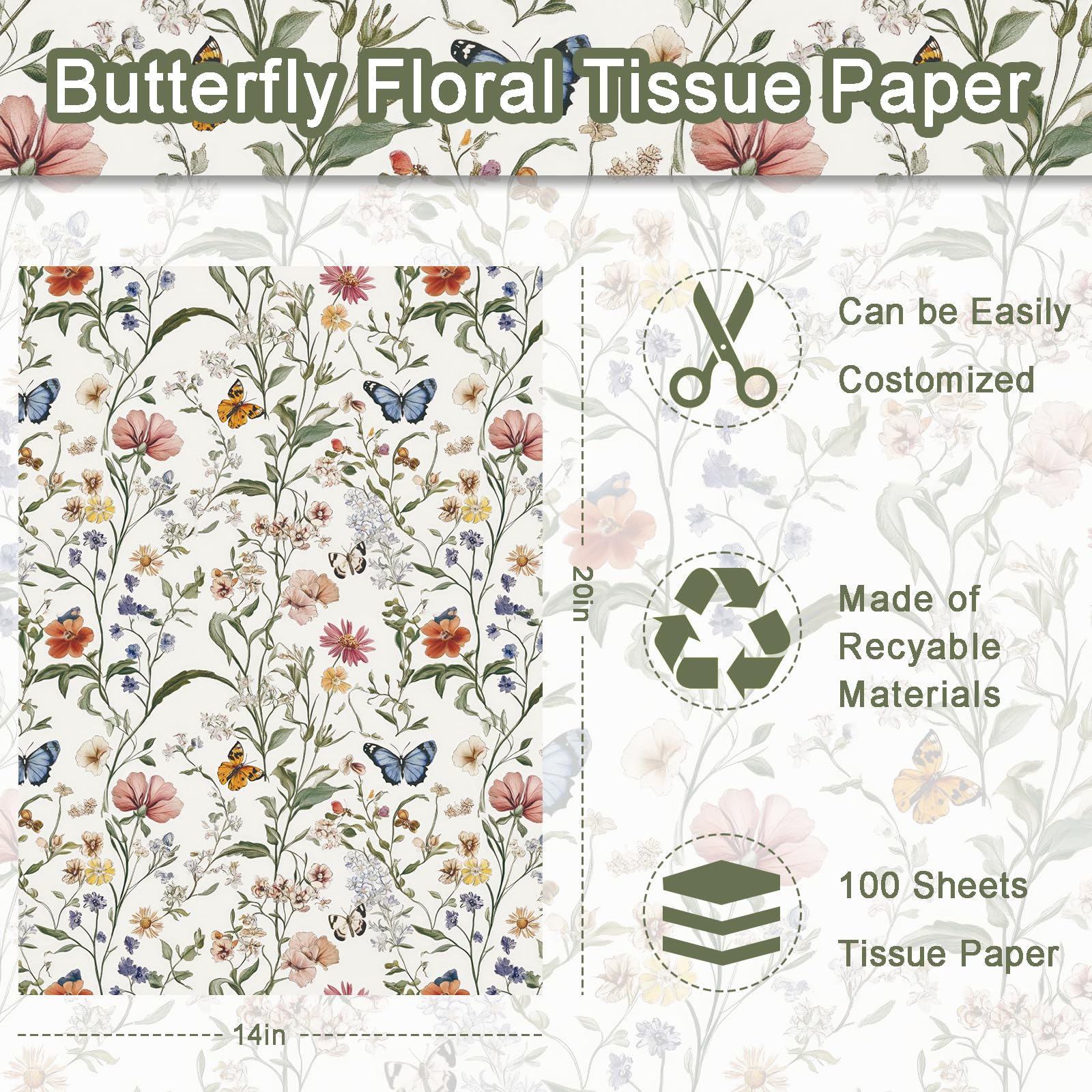 100 hojas de papel de seda de mariposa de flores silvestres, diseño vintage de flores silvestres sin costuras, papel de regalo para cumpleaños, boda, baby shower, suministros de 13.8 x 19.7 pulgadas