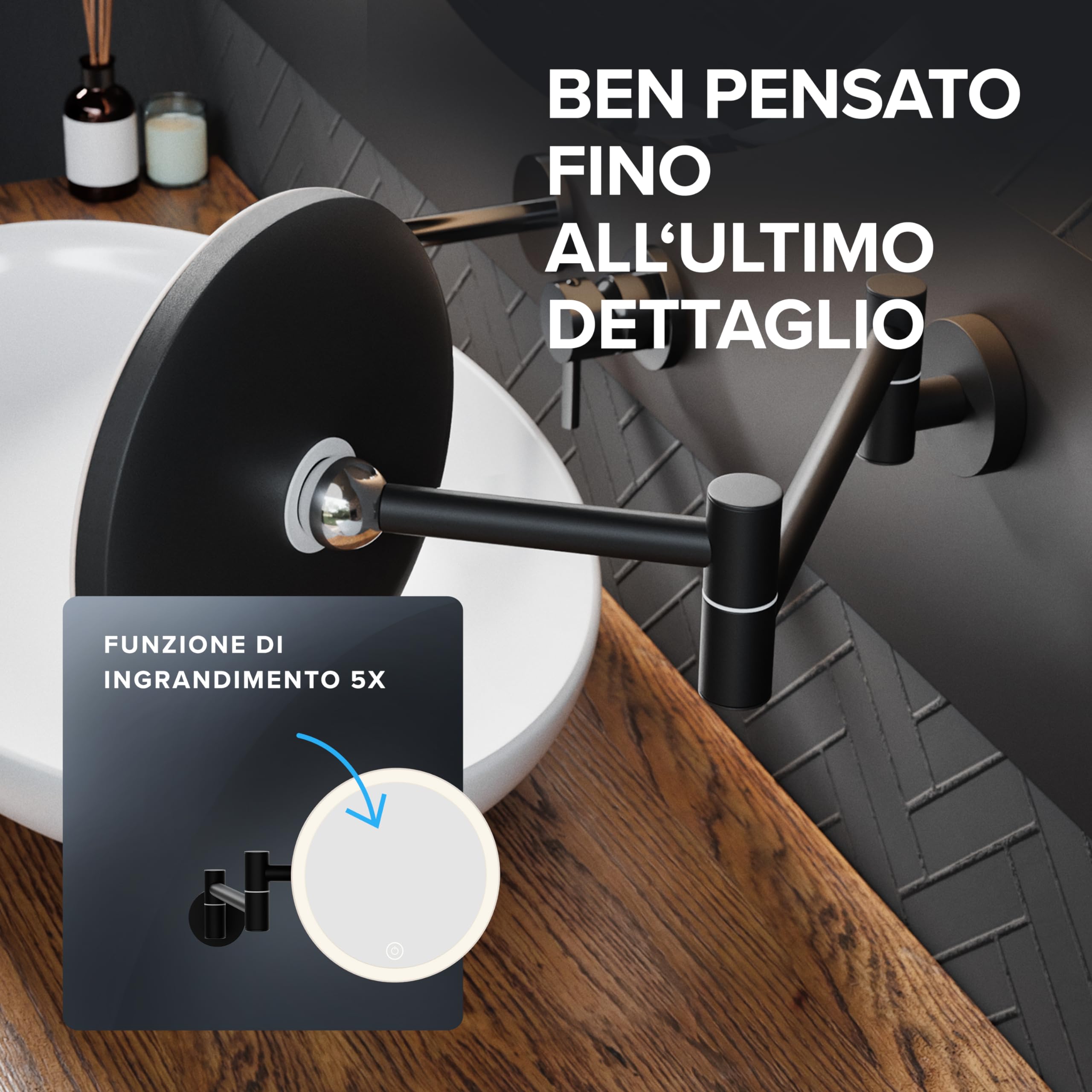 ovimar specchio cosmetico Leinoya | con illuminazione | ricaricabile | da parete per forare | in bagno | specchio ingranditore 5x | specchio per il trucco con luce | specchio a 360 gradi