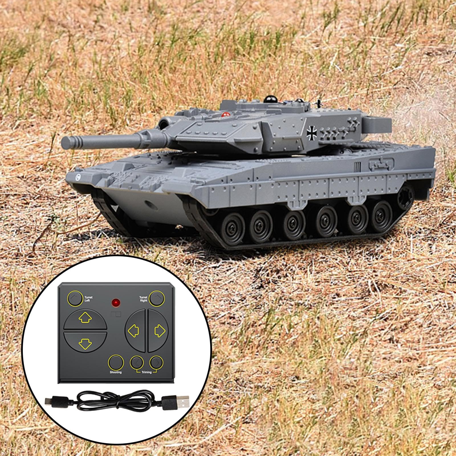 Mini Char D'Assaut Télécommandé Maquette Tank Armé Véhicule Radiocommandé Sons Réalisme Rotation Tourelle Polypropylène pour Enfant Cadeau Jeu Intérie, Gris