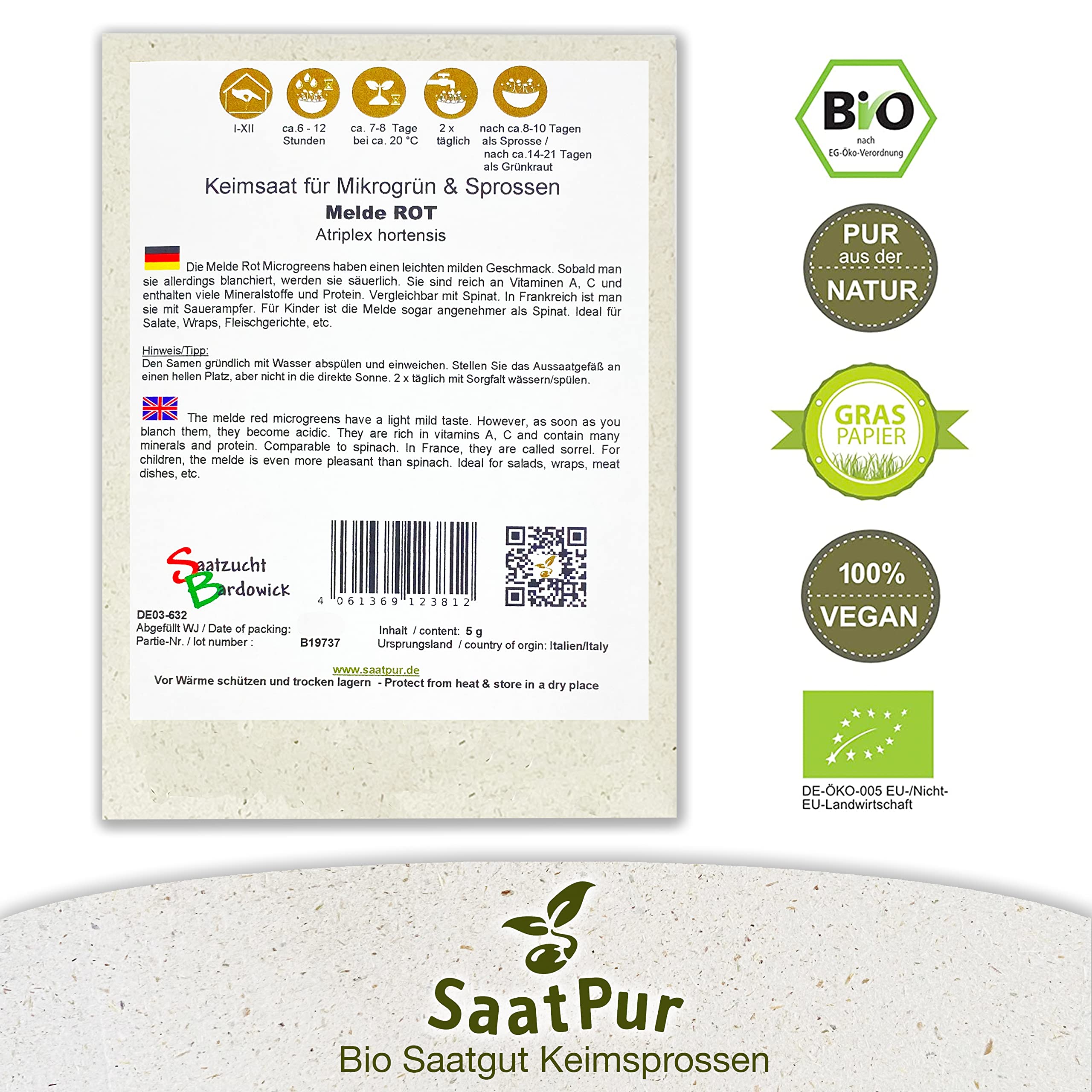 SaatPur® Saatgut Bio-Keimsprossen Melde Rot 5g, hohe Keimkraft, Micro-Greens für vitaminreiche - Großes Tray mit 100 Portionstüten je 10g