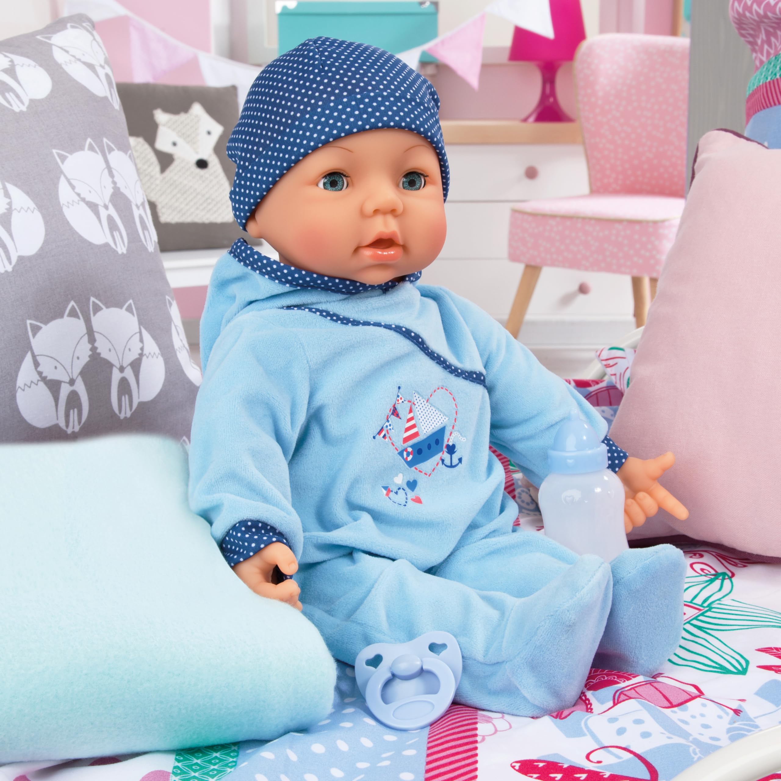 Lalka dziecięca chłopiec z funkcją Hello Baby 46 cm | z butelką dla dziecka i smoczkiem, porusza ustami, jasnoniebieski