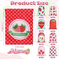 Vista 2 de Kajaia 24 bolsas de dulces de fresa, bolsas de regalo de fiesta de fresa, bolsas de regalo con cordón rosa, lindas bolsas reutilizables para niños