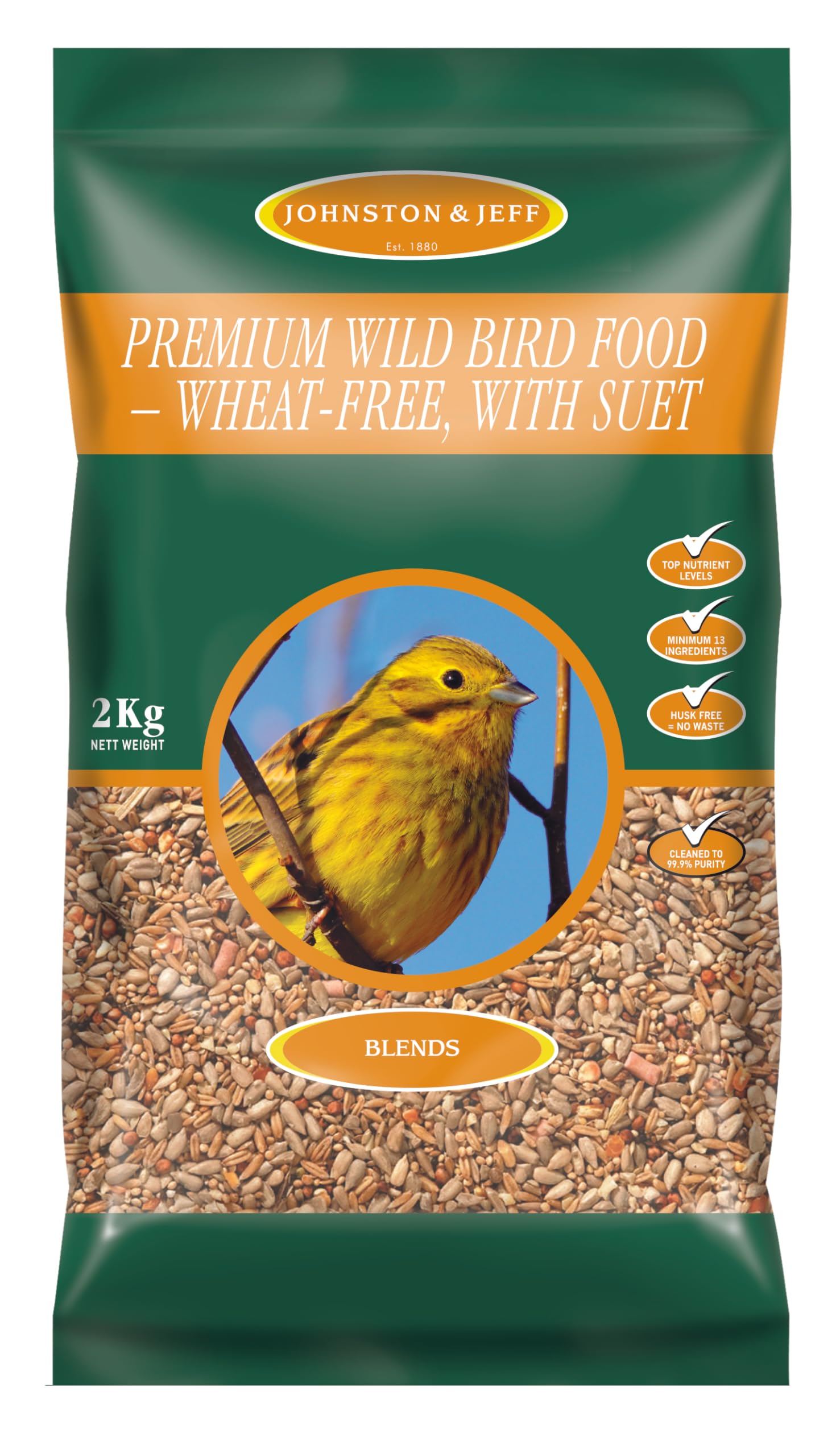 Johnston & Jeff 2kg Premium Wild Bird - Husk Free, with Suet Food Wildlife Seed