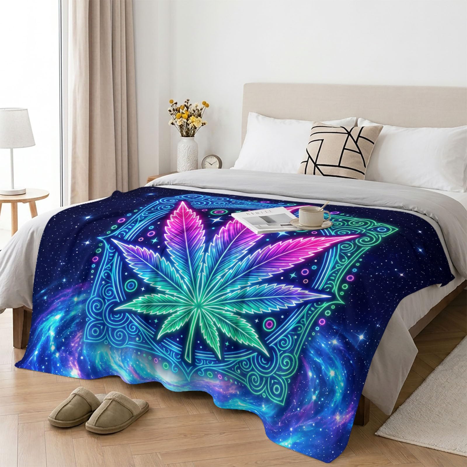 Generisch Manta de 180 x 200 cm, manta de franela suave psicodélica, manta de forro polar, diseño de hojas, niebla, estrellas, manta de sofá, para cama, sofá, dormitorio
