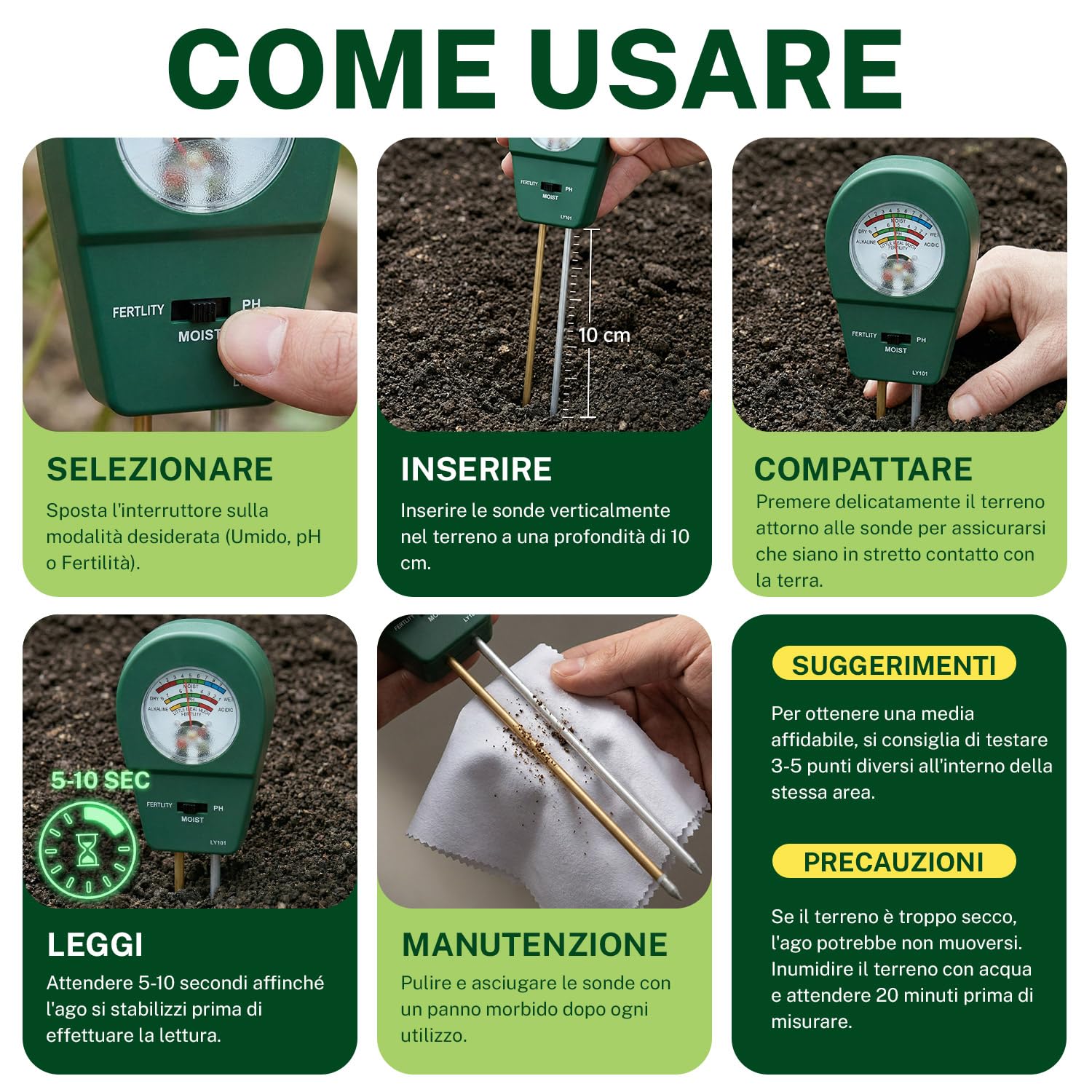 Misuratore di Terreno 3 in 1 per Casa e Giardino: Tester Semplice per PH, umidità e Nutrimento - Sensore per Piante Senza Batterie - Pratico Aiuto per Fiori, Vasi e Orto Domestico