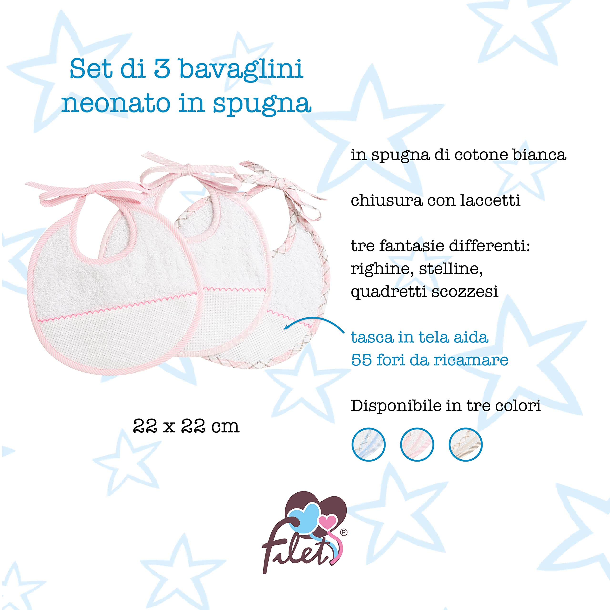 Filet - Set 3 bavaglini neonato da ricamare