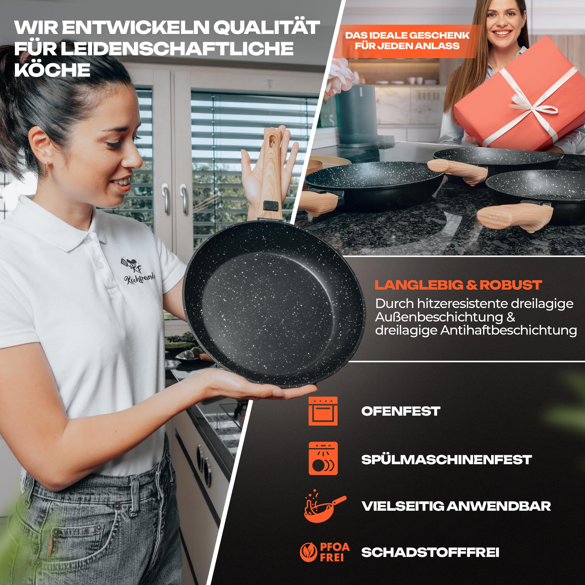 Pfannenset 3-teilig, Pfanne 20, 24, 28 cm, [Abnehmbarer Griff] Antihaft Beschichtete Bratpfanne Induktion, PFOA-Frei Induktionspfanne, geeignet für alle Herdarten
