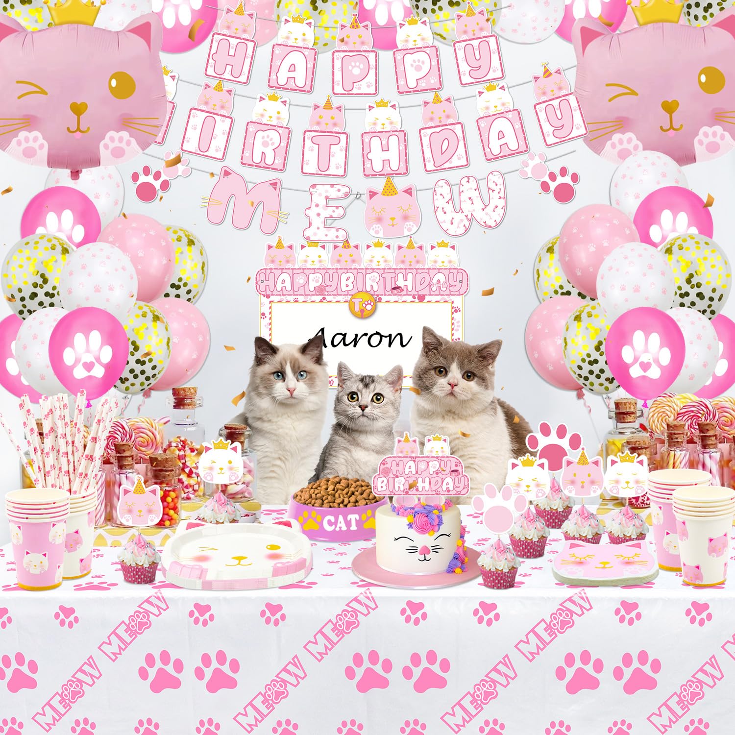 XJLANTTE Décoration Fête Chat 61 Pièces - Assiettes, Serviettes, Nappe MEOW Noir/Blanc Pour Anniversaire Thématique