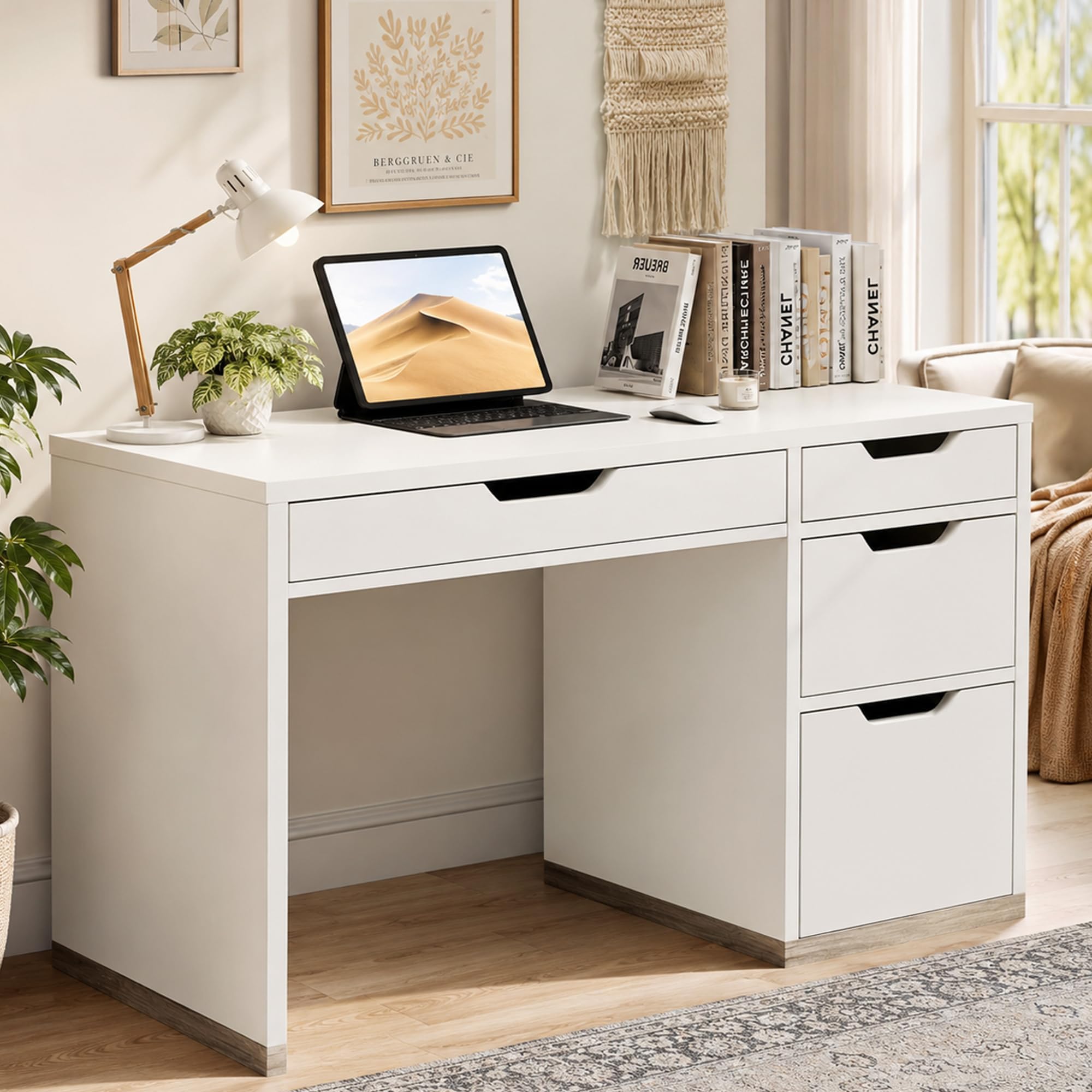 MaverickFurni White Desk with Drawers, 48 Inch Small Computer Desk for Bedroom, Modern Study Writing Desk with 4 Storage Drawers for Teens & Home