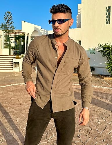 Miniatura 2 de COOFANDY Camisa de lino de algodón para hombre manga larga con botones cuello de banda camisas de yoga para playa