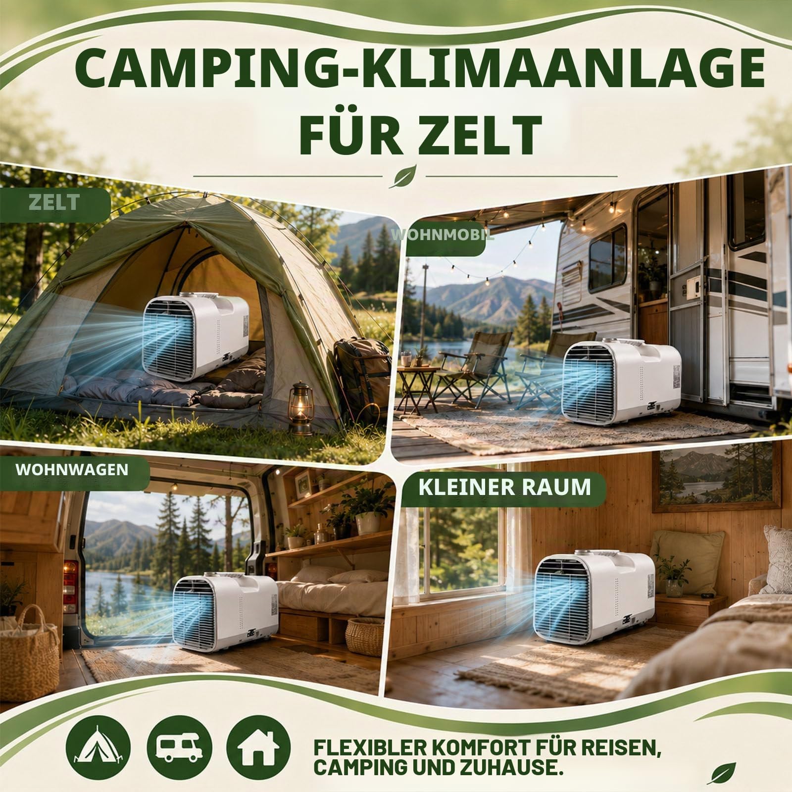 4-In-1 Camping-Klimagerät, Tragbare Klimaanlage, Mobiler Klimagerät, Professioneller Luftkühler Für Hütte Und Büro, 4 Modi: Kühlen/Ventilieren/Entfeuchten/Schlafen, Für Reisen 1300W