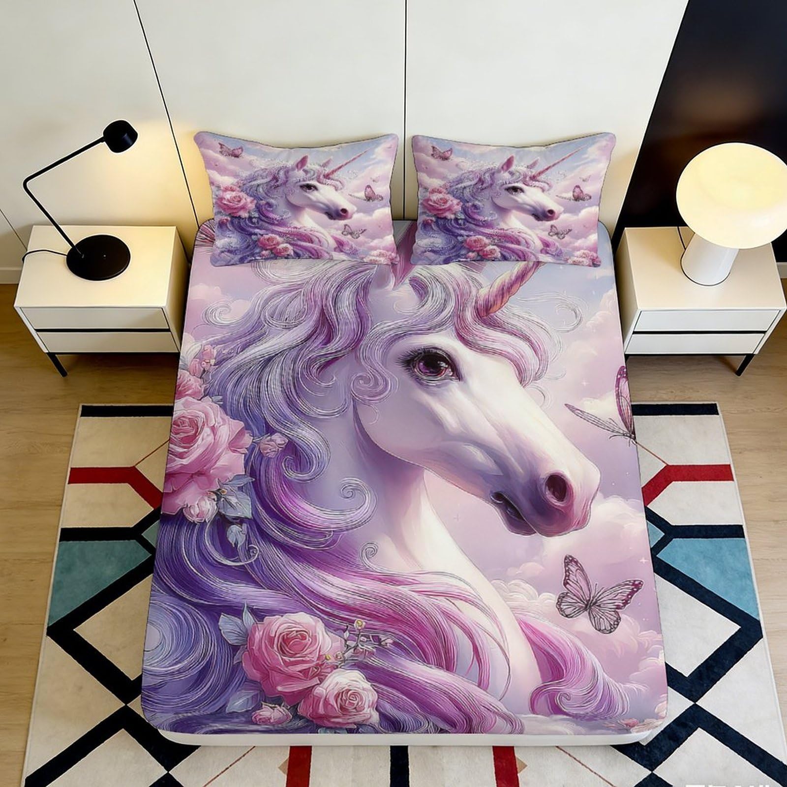 3D Printed Unicorn Fitted Sheet Microfiber Elastic Hem Deep Pocket Bedroom Bedding Unicorn Mattress Fitted Cover Washable for Adults Teens 180x200x25cm