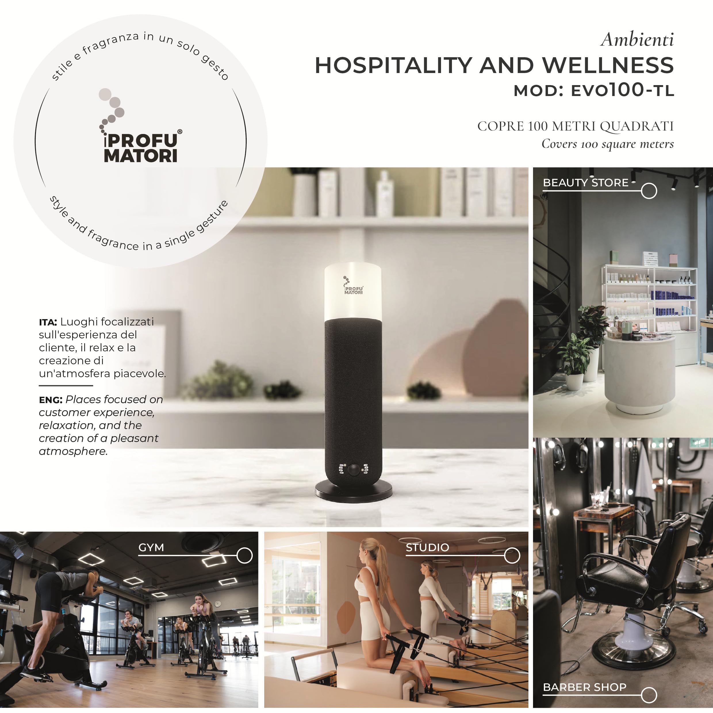 Diffuseur de Parfum d’Ambiance Smart EVO100 TL, Parfum Rosso Divino, nébulisation à Froid, contrôle Bluetooth, Couverture Jusqu’à 100 m², lumière intégrée, 100 ML, Couleur Noire