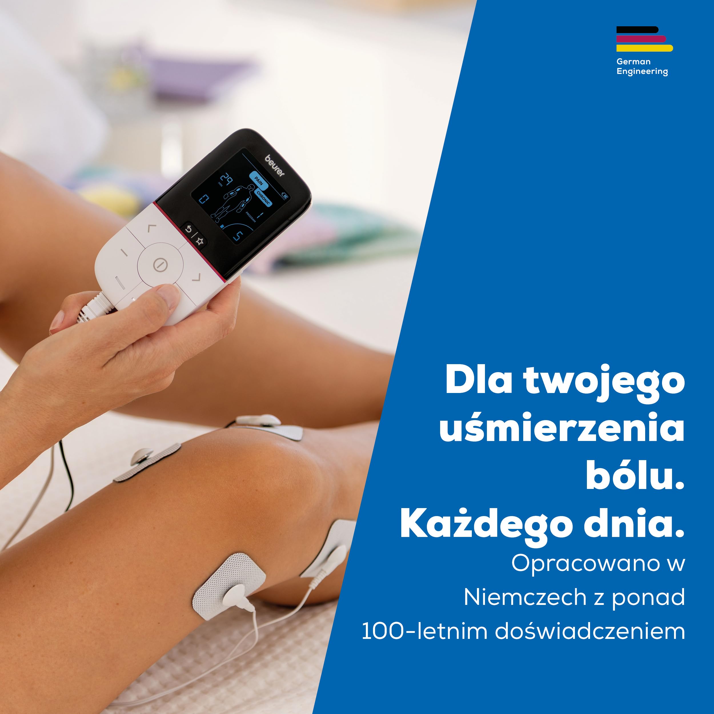 Beurer EM 56 Cyfrowy TENS/EMS, elektrostymulator 3 w 1 do łagodzenia bólu bez leków poprzez elektryczną stymulację nerwów, trening mięśni, funkcja masażu, 22 programy, w zestawie 4 elektrody