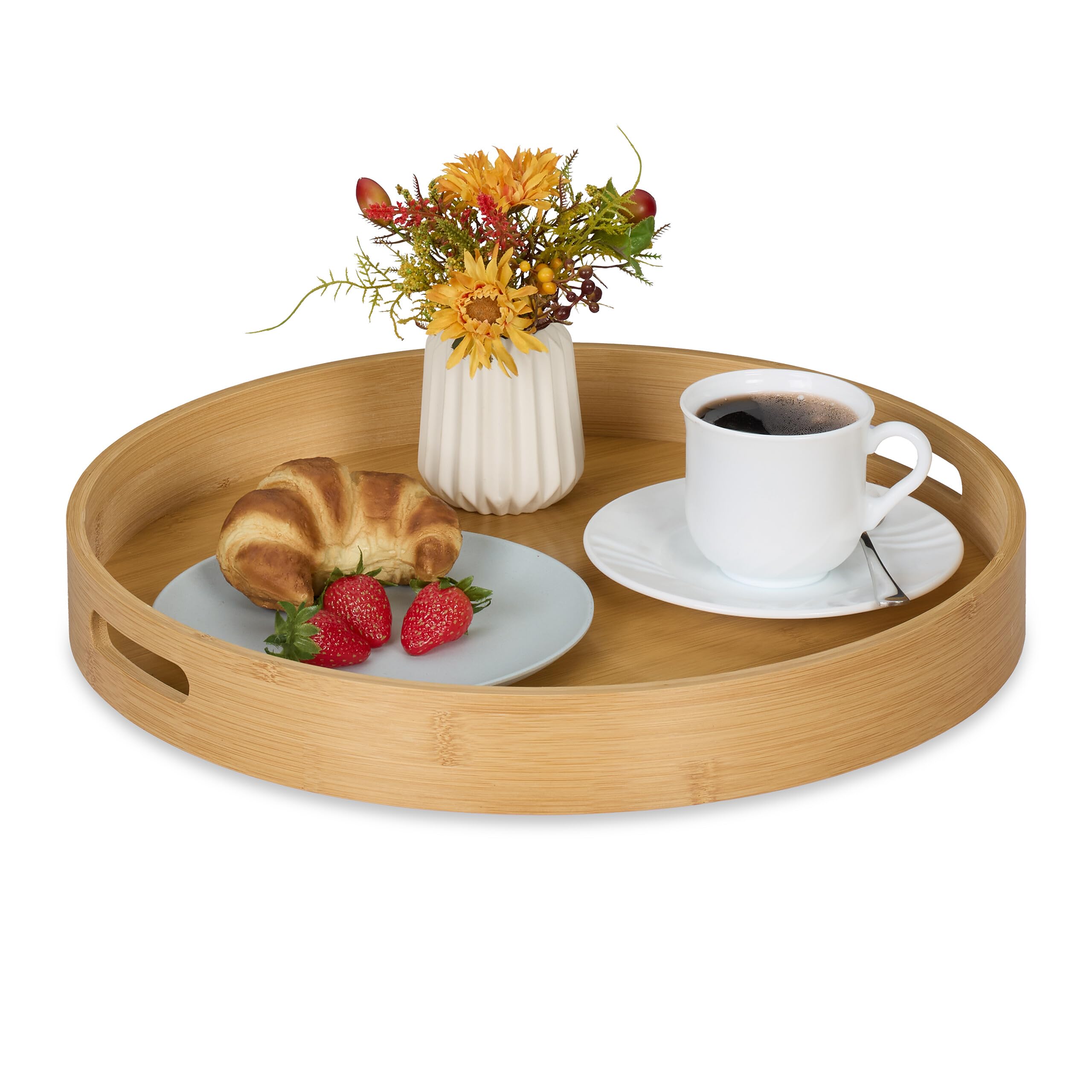 Relaxdays Taca, bambus, MDF, wys. x śr.: 5 x 40 cm, taca do serwowania z uchwytami, wysoka krawędź, okrągła taca kuchenna, naturalna