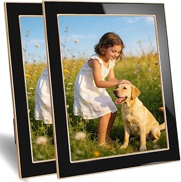 8x10 Enamel Picture Frame with Gold Metal Edge, Real Glass Photo Frames with Velvet Back, Horizontal and Vertical Display for Wall or Tabletop Desk Photo Gallery Decor Black, 2Pcs