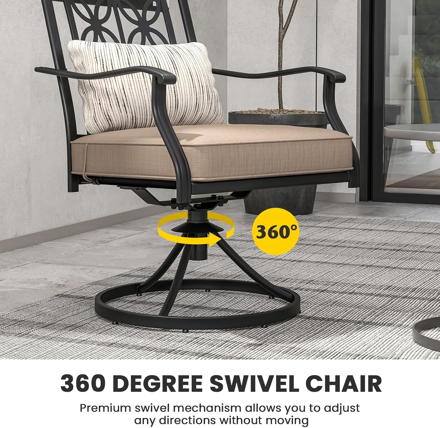 A close-up of the base of the patio chair with an arrow indicating the 360-degree swivel function.