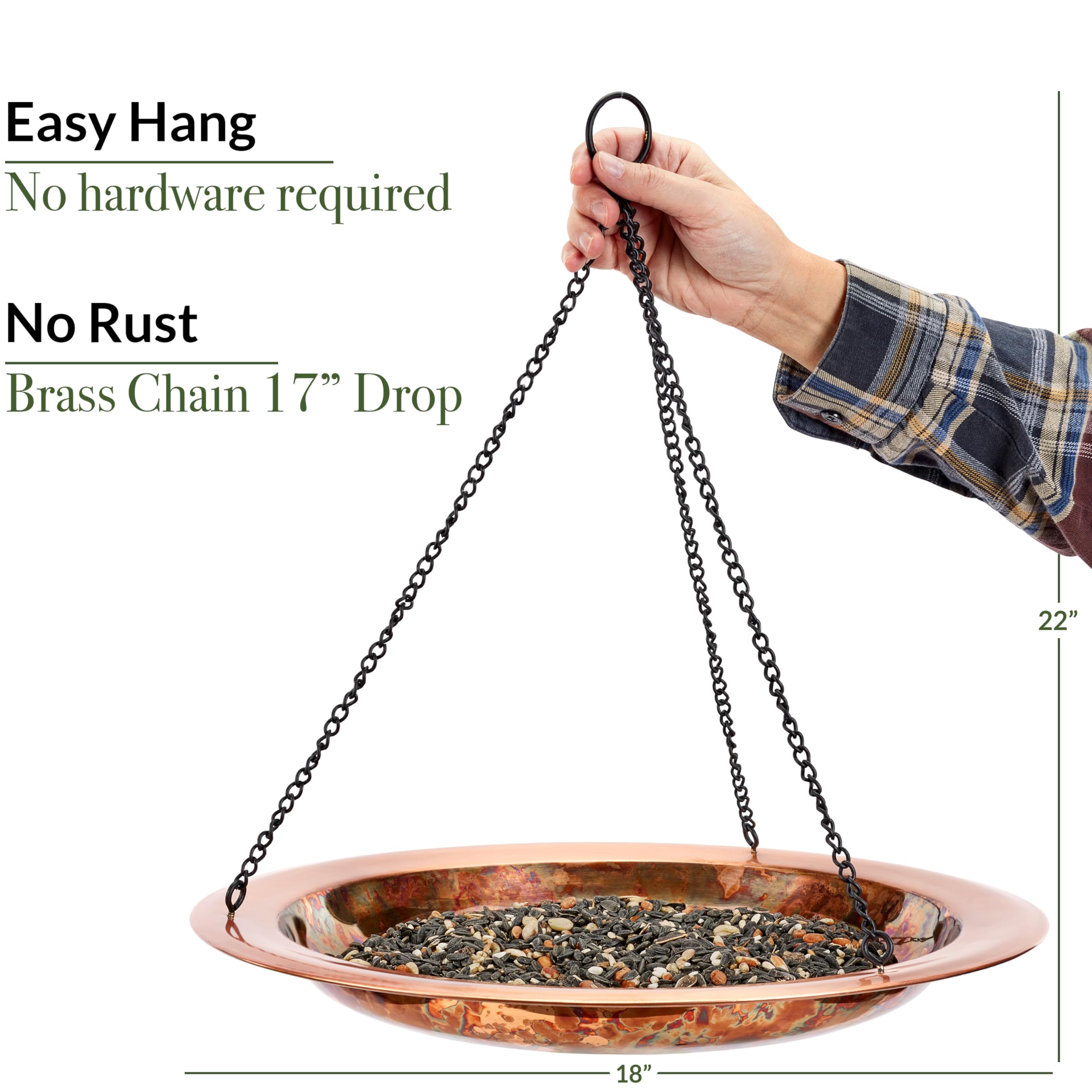 Good Directions Bagno per Uccelli in Rame da Appendere per Esterni, Patio, Giardino, Bagno per Uccelli Regalo per Gli Amanti degli Uccelli, Grande 45,7 cm in Rame Puro Metallo