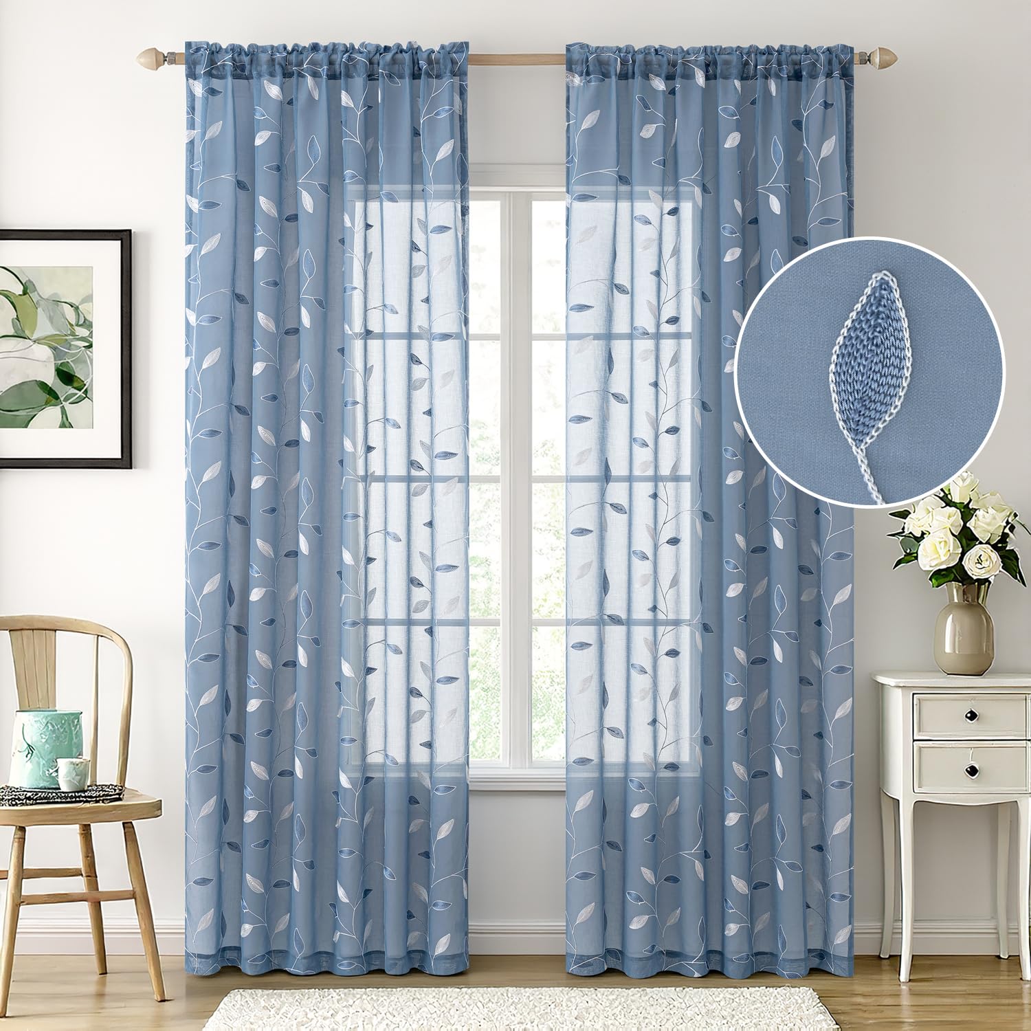 Amazon.com: MIULEE Dusty Blue Sheer Curtains 2 Panels Leaf