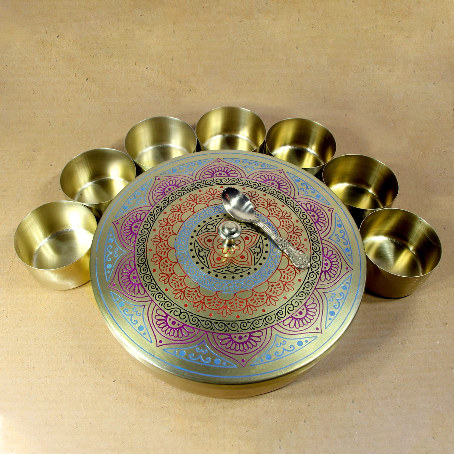 SATYA EXPORTS Brass Masala Box with 7 Containers and 1 Spoon, multi color Embossed Size-8x8x2.2 inch