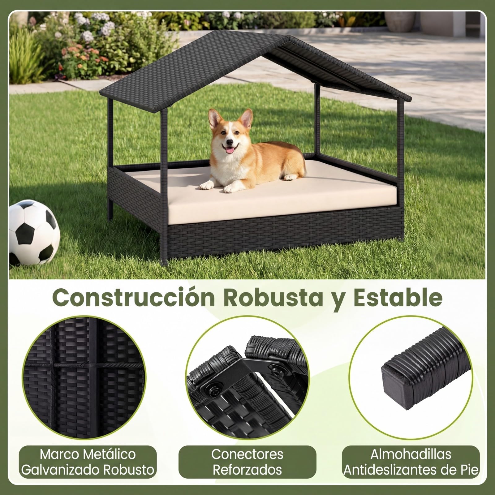 COSTWAY Caseta para Perros Exterior e Interior, Casa Perro de Ratán Grande con Dosel, Base Elevada, Cojín Removible, Estructura Metálica, Cama Elevada para Mascotas, Carga 60 kg, 98x69x74 cm (Beige)