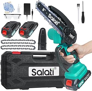 Mini Chainsaw 6inch Cordless, Salati Electric Chainsaw with 2 Rechargeable Battery & 2 Chains, One-Handed Portable Operated Power Chainsaw for Tree Branch Wood Cutting and Garden, with Safety Lock