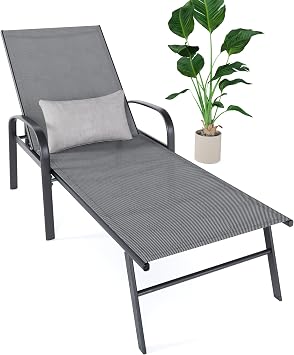 Outdoor Chaise Lounge Chair Adjustable Pool Lounge Chairs with Lumbar Pillow Outside Tanning Chairs for Beach Deck Backyard Lawn