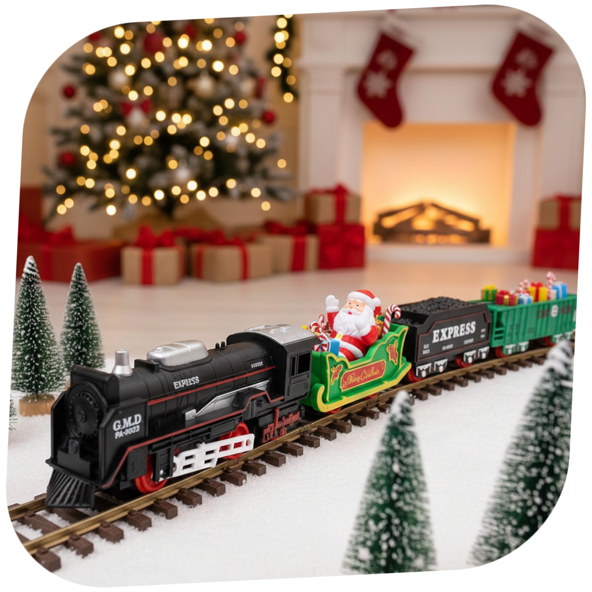 TOYANDONA Train de Noël – Kit de train avec lumières et sons – Voies de chemin de fer rondes pour dessous / autour du sapin de Noël – Cadeau pour enfants