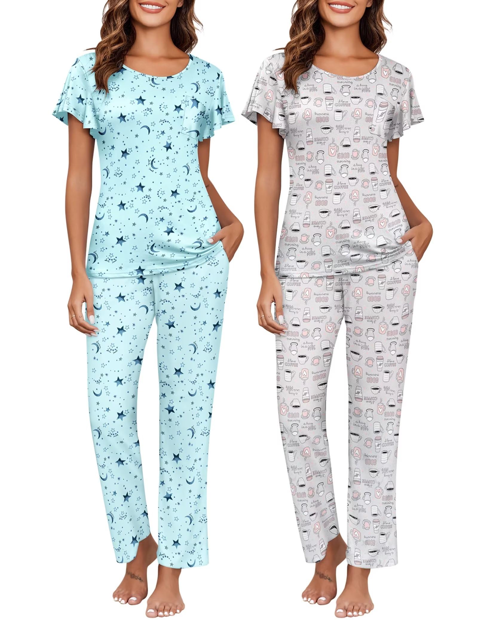 Ekouaer Pajamas for Women Set 2 Piece Comfy Loungewear, Lightweight Pjs Sleepwear, Short Sleeve Top &amp; Long Pants with Pockets