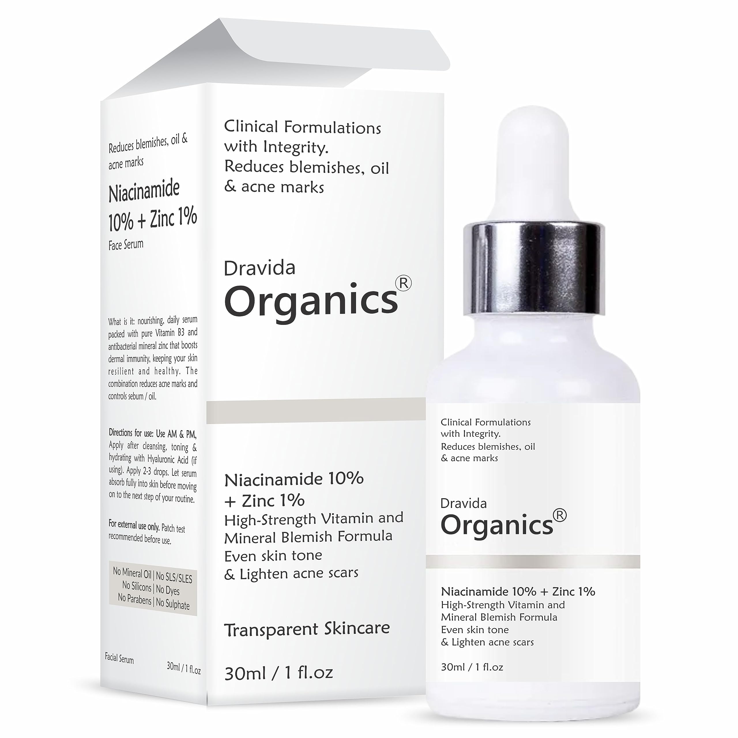Dravida Organics 10% Niacinamide Face Serum for Acne Marks, Blemishes & Oil Balancing with Zinc | Skin Clarifying Anti Acne Serum for Oily & Acne Prone Skin | 30ml