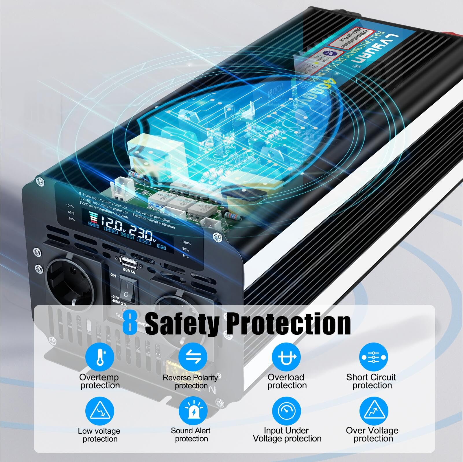 Yinleader Convertisseur 12v 220v 4000W Onduleur /8000W Transformateurde avec écran LCD, télécommande sans Fil, Port USB