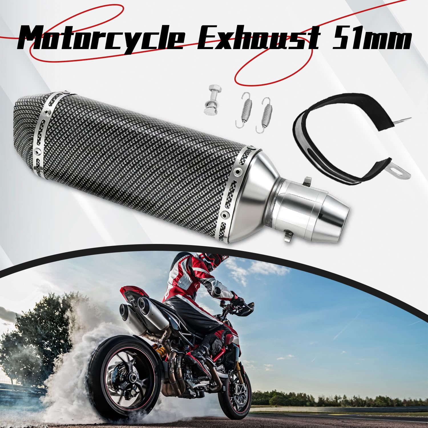 Vanwoke Universele motorgeluiddemper, 38-51 mm, universele uitlaatdemper voor motorfiets, met afneembare DB Killer, kleine zeshoek, schuine Tail Refit uitlaatdemper voor motorfietsen, mountainbikes en
