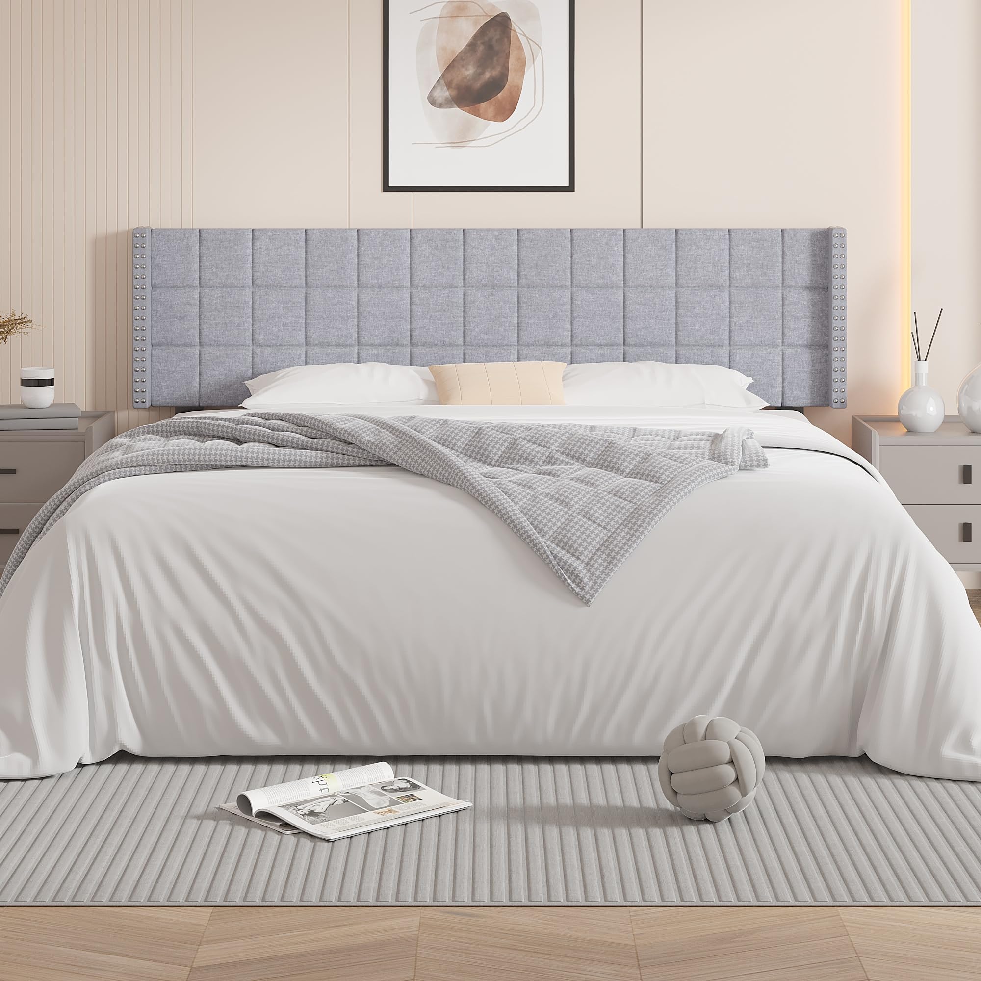 Head Boards/king VECELO Headboard King Size, Linen Upholstered Headboards  Only With Nailhead Trim Wingback, Square Stitched Design, Adjustable Height  From 40\, image size:2000x2000