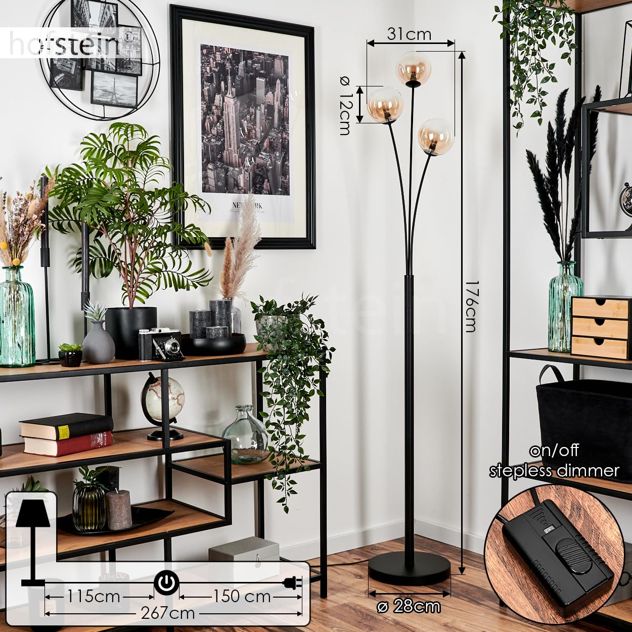 Stehleuchte Bernhardo, Stehlampe aus Metall/Glas in Schwarz/Bernsteinfarben/Klar, Leuchte im Retro/Vintage-Design mit Schirmen aus Glas (Ø 12 cm), dimmbar über Fußschalter, 3 x G9, ohne Leuchtmittel