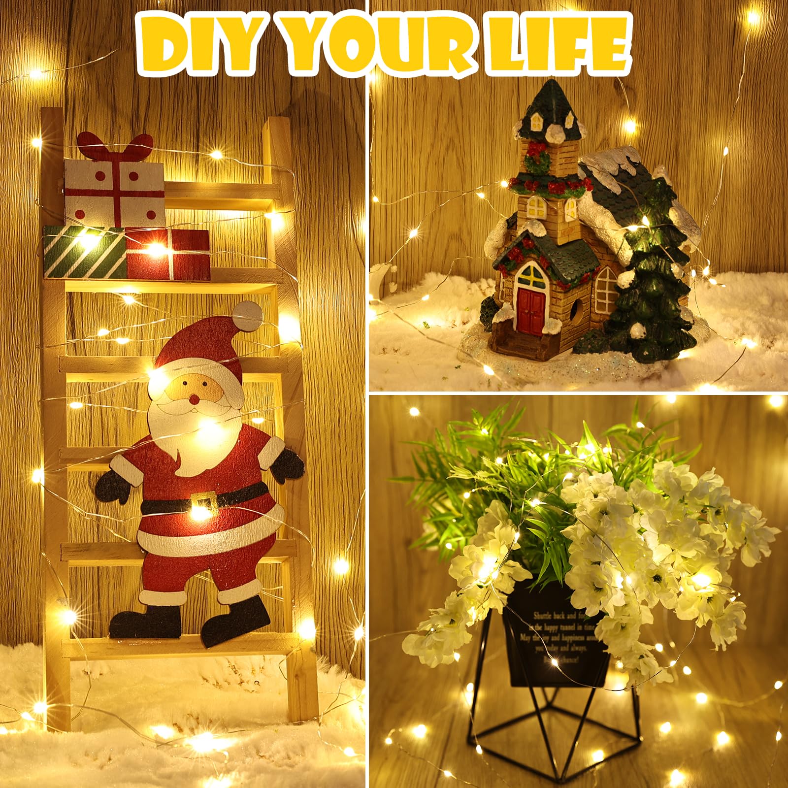 Qedertek 2 Pezzi Luci Led a Batteria 10M 100 LED, Luci Natale Esterno, 2 Modalità, Filo di d'argento, Catena Luminosa Lucine Fata Decorative per Albero di Natale, Porta, Matrimonio, Bar (Bianco Caldo)