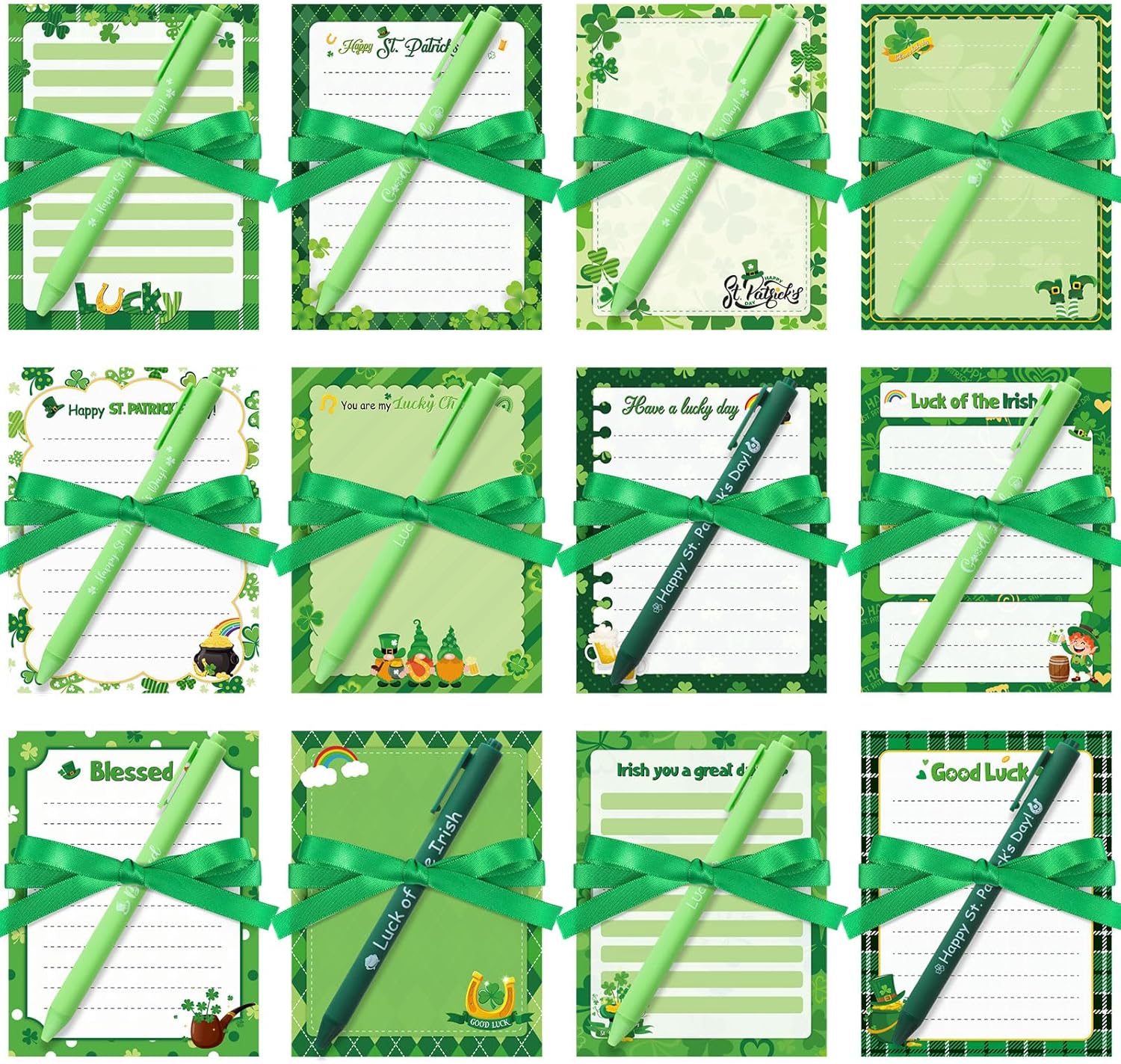 Spakon 36 Pcs St. Patrick's Day Sticky Notes with Pen and Ribbon Shamrock Notepads and Pens Set Green Clover Self Adhesive Memo Pads for School Office Home Supplies Classroom Gift Party Favors