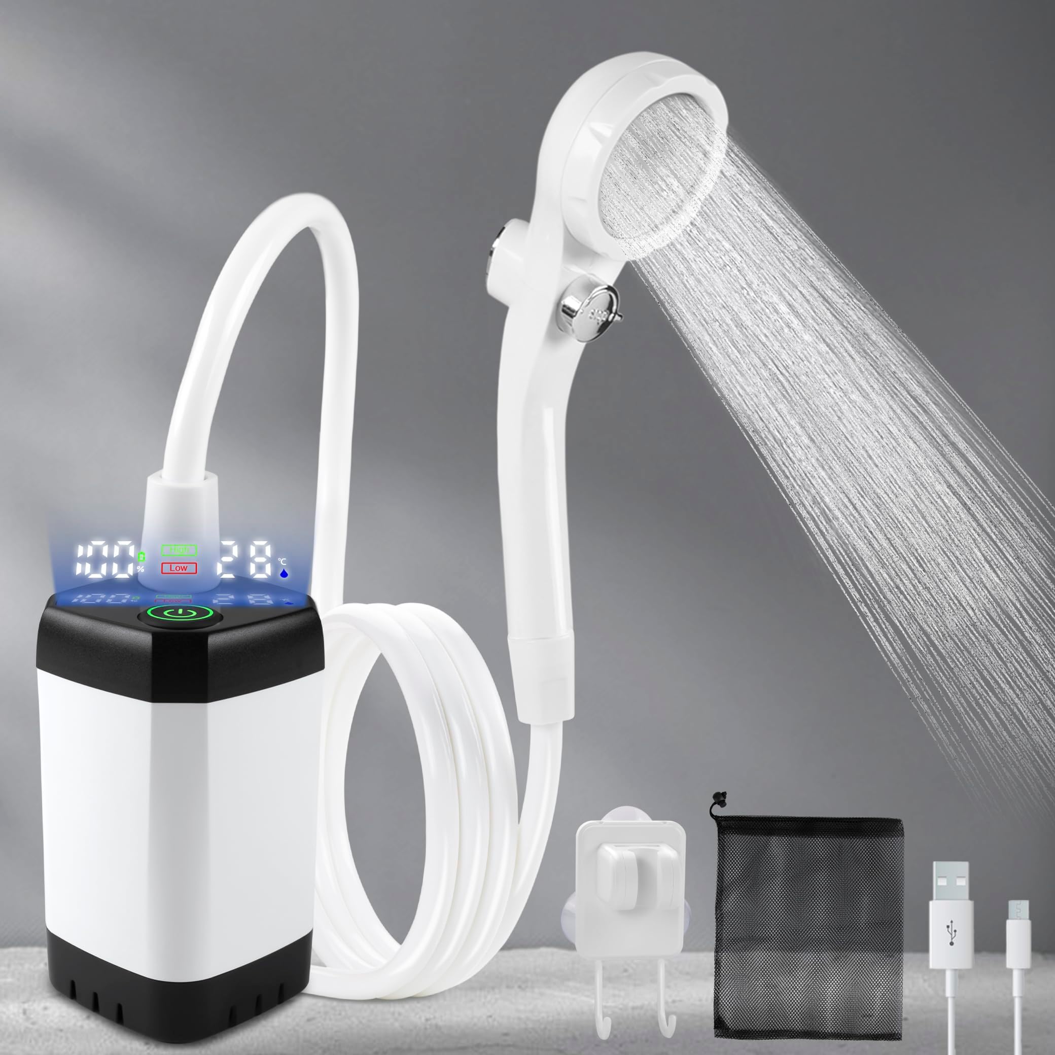 LIBERRWAY Camping Shower, Portable Shower for 90-140mins Outdoor Shower, Battery Level ▏ Watertemperature Viewable Dog Shower with Waterpressure Adjustable Shower Head IP67 Water Pump 6.5ft Hose
