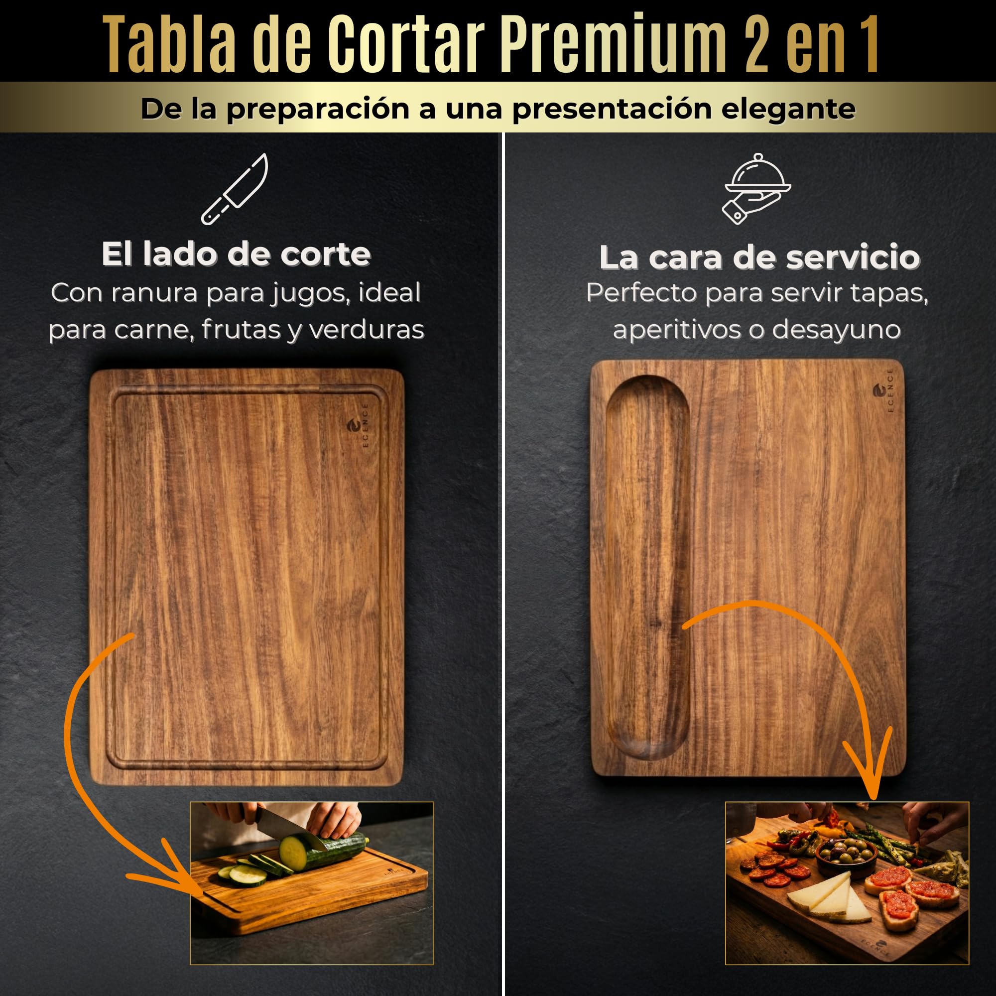 ECENCE Tabla de cortar madera de acacia - tabla madera cocina con canal para jugos y asas laterales, usable por ambos lados para cortar y servir, 40x30x3cm