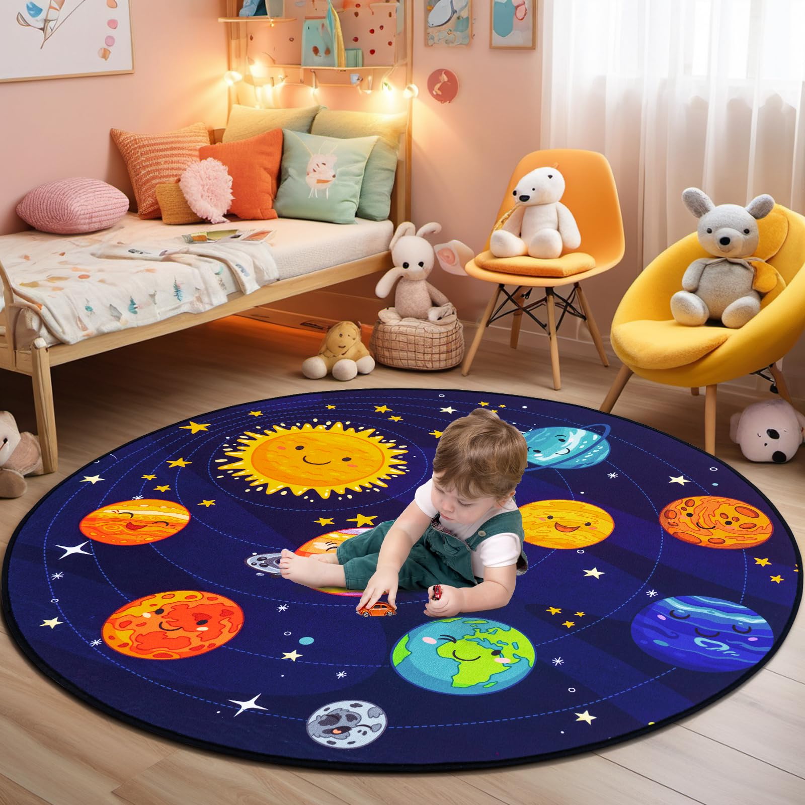 Boshengya Round Space Rug for Kids Room 40x40'' Solar System Circle Rugs for Bedroom Kids Rugs for Playroom Boys Space Planet Theme Rug Living Room