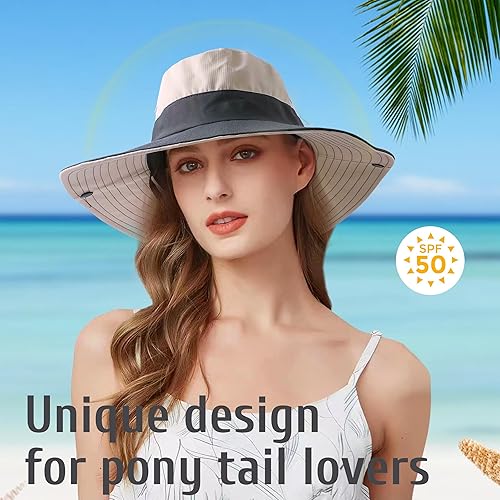 Miniatura 6 de Sombrero de sol para mujer con agujero para cola de caballo, sombrero de protección UV, plegable, malla ancha, sombrero de pesca para la playa para