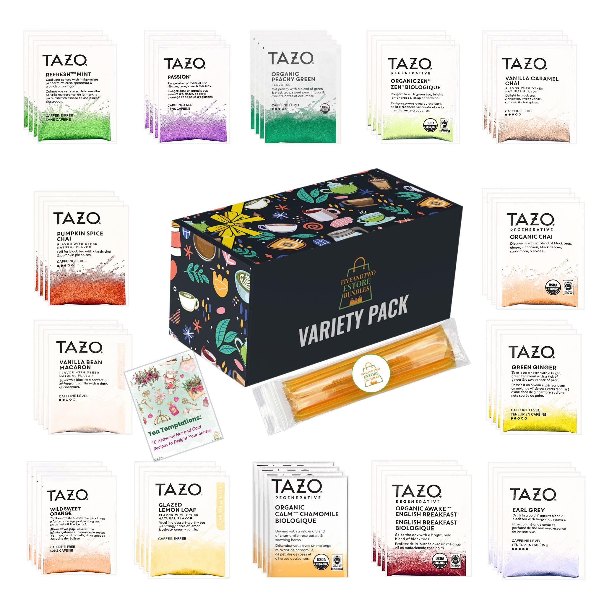56-Piece Tea Sampler Gift Set – 14 Flavors, Premium Assorted Variety Pack with 10 Honey Sticks & Recipe eBook – Gift for Tea Lovers, Him & Her