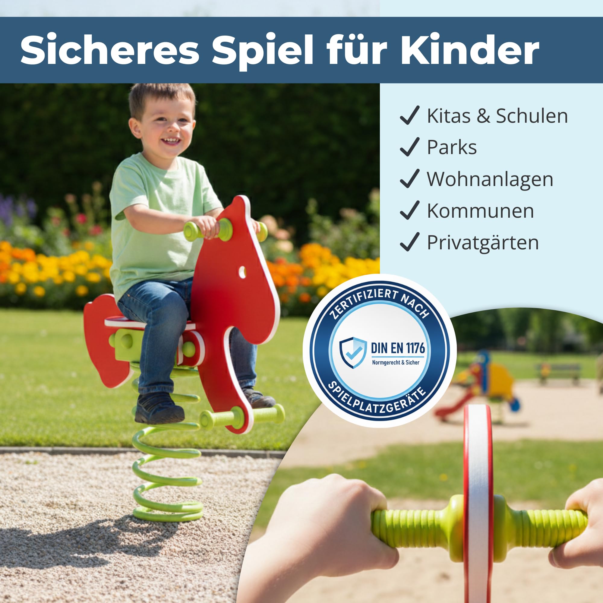 Federwippe Pony Schaukelwippe DIN EN 1176 geprüftes Wipptier | für öffentliche Spielplätze, Kindergarten und Kommunen aus HDPE Kunststoff Federtier inkl Bodenanker