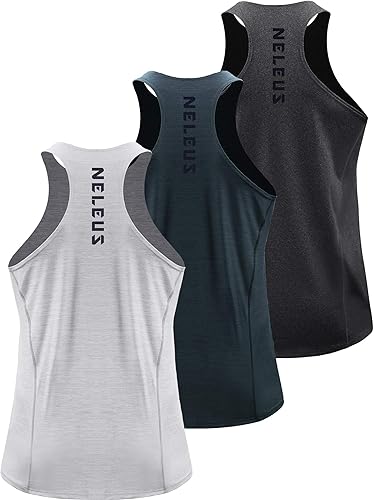 NELEUS Paquete de 3 camisetas sin mangas para correr para hombre, ajuste seco, espalda en Y, para entrenamiento atlético